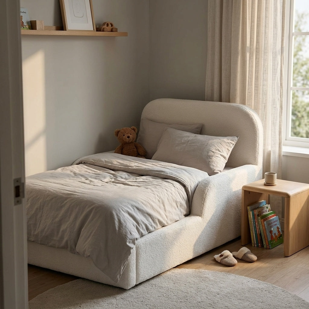 AAF Rounded Curved Headboard Sherpa Fabric Kids Safety Bed