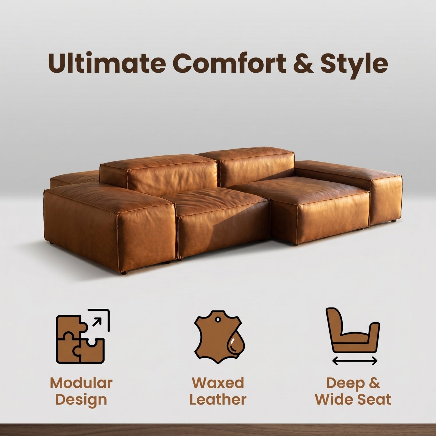 AAF Modular Leather Sofa Caramel Brown Geometric Sectional UAE