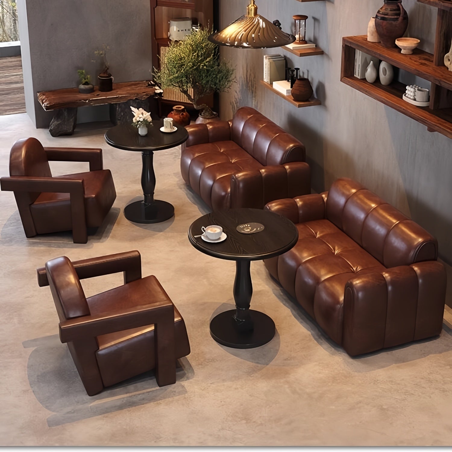AAF Modern Bubble Tufted Leather Lounge Sofa Table Set