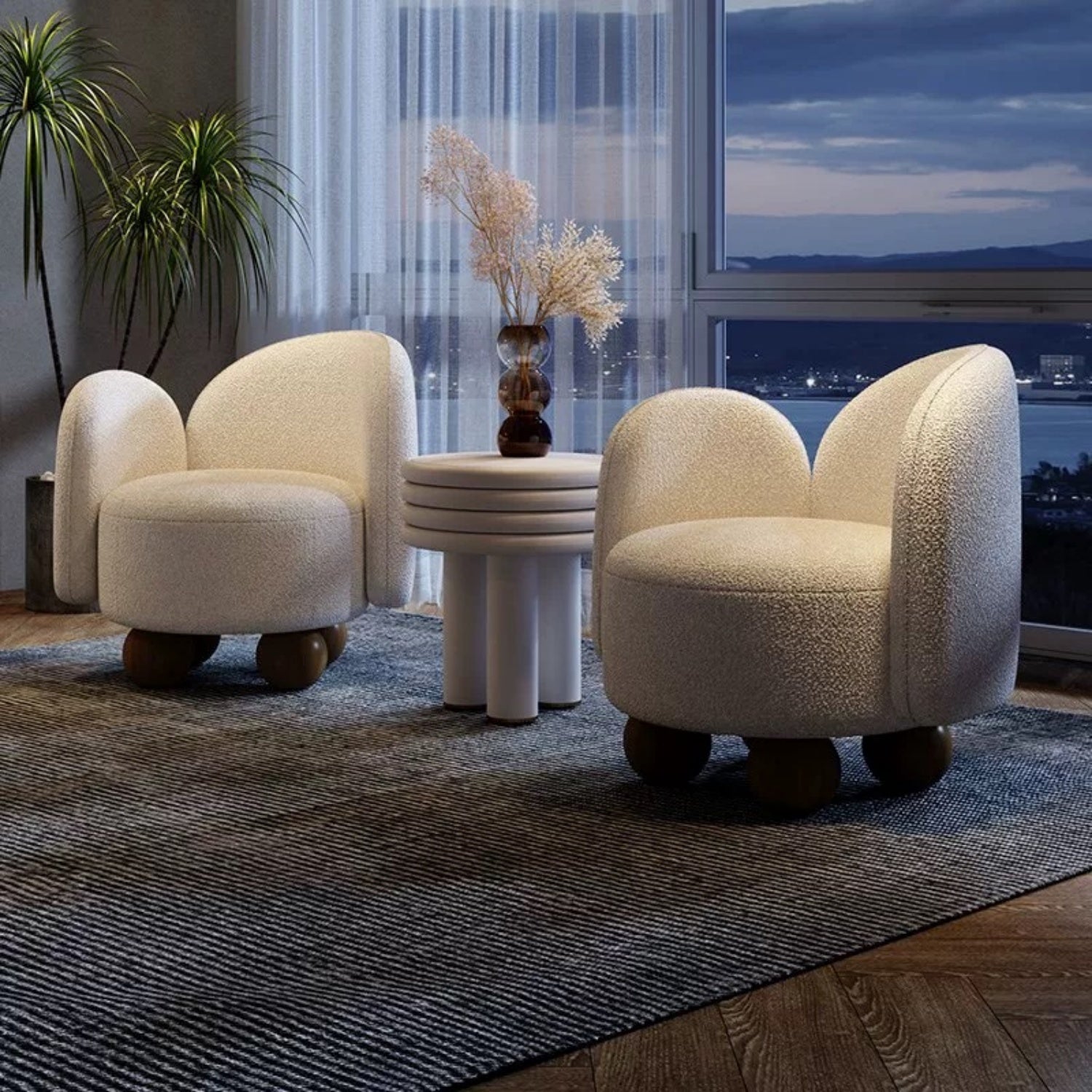 AAF Sherpa Fleece Accent Chair Dual Back Off White Walnut UAE