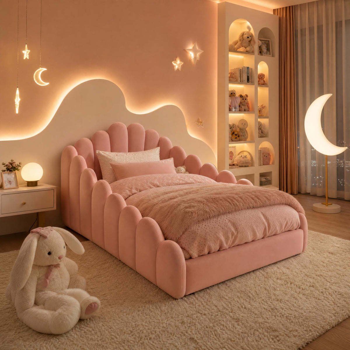 AAF Fleece Scalloped Curved Soft Upholstered Fabric Kids Safety Bed