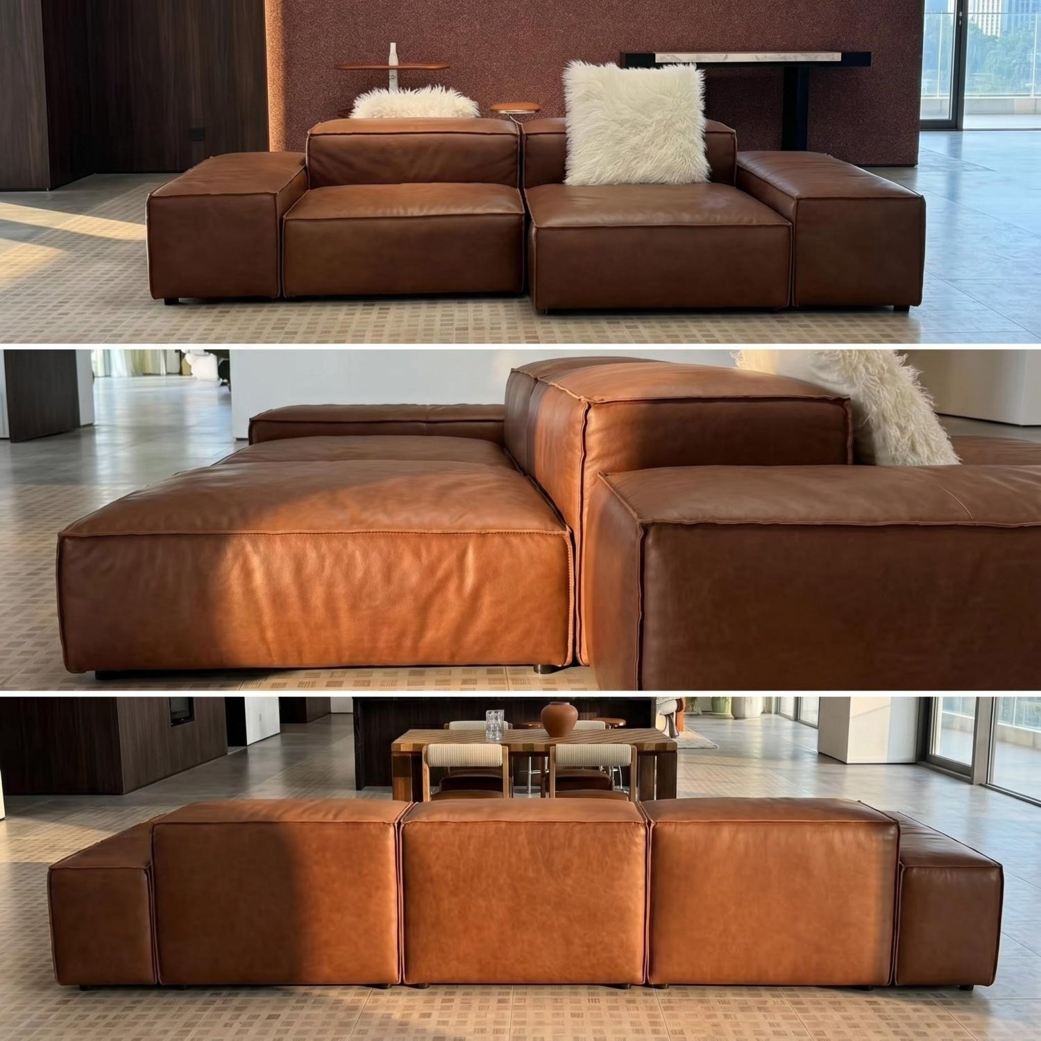 AAF Modular Leather Sofa Caramel Brown Geometric Sectional UAE