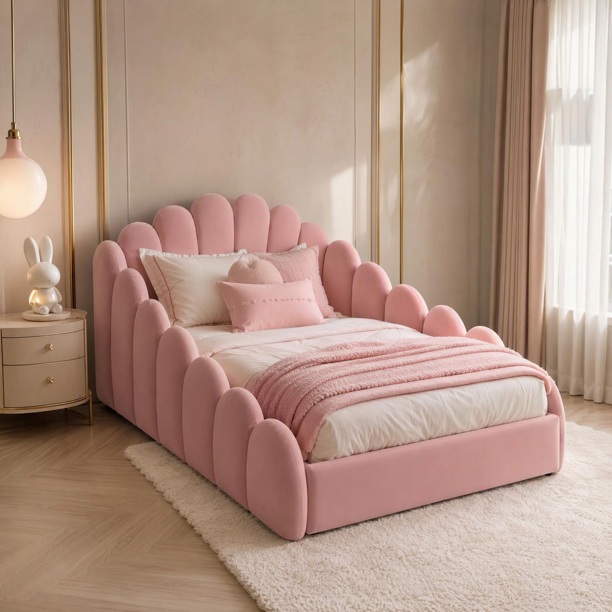 AAF Fleece Scalloped Curved Soft Upholstered Fabric Kids Safety Bed