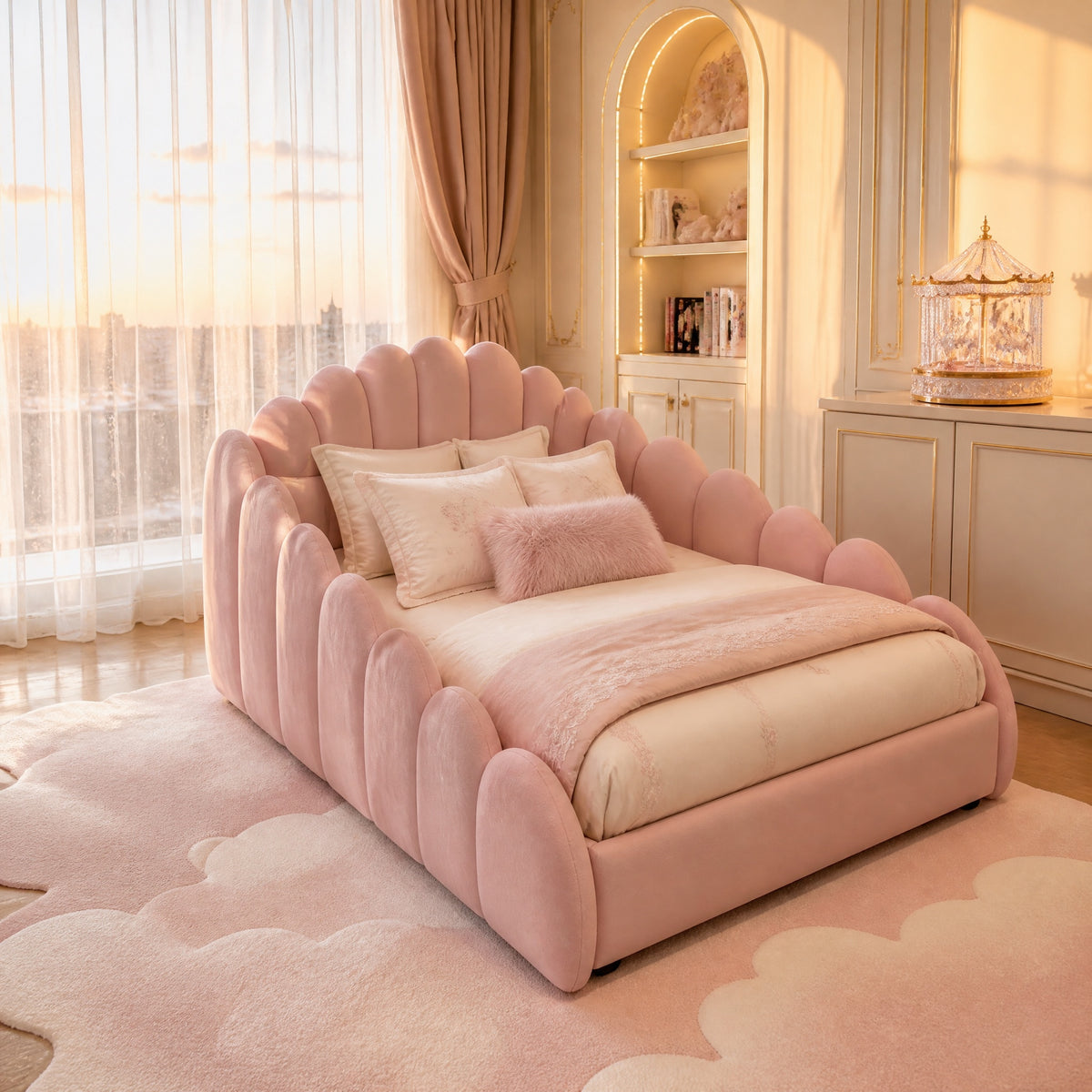 AAF Fleece Scalloped Curved Soft Upholstered Fabric Kids Safety Bed