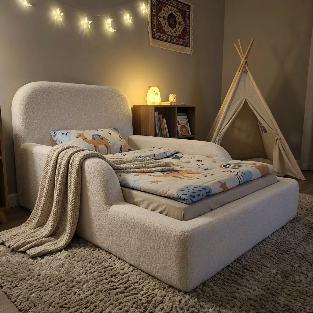 AAF Rounded Curved Headboard Sherpa Fabric Kids Safety Bed