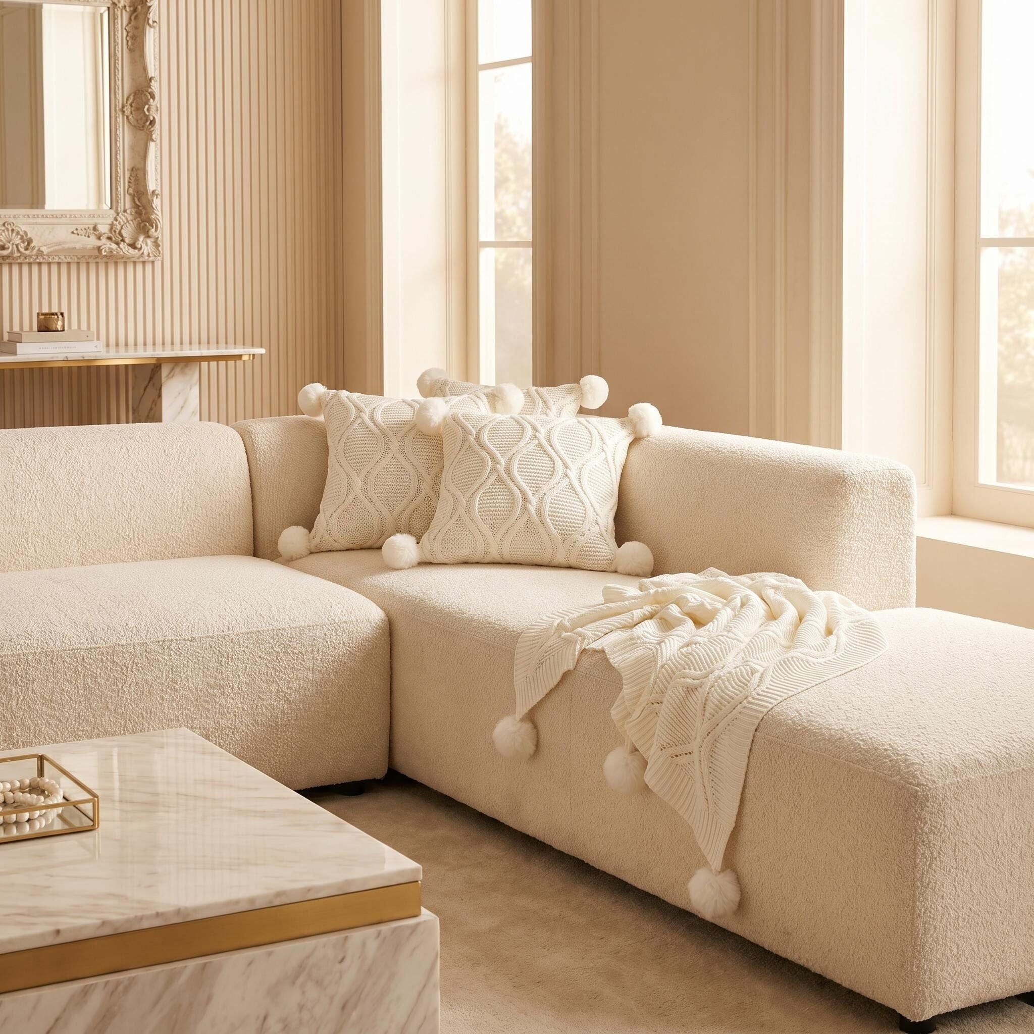 AAF Cable Knit Pom Pom Throw Pillow & Blanket