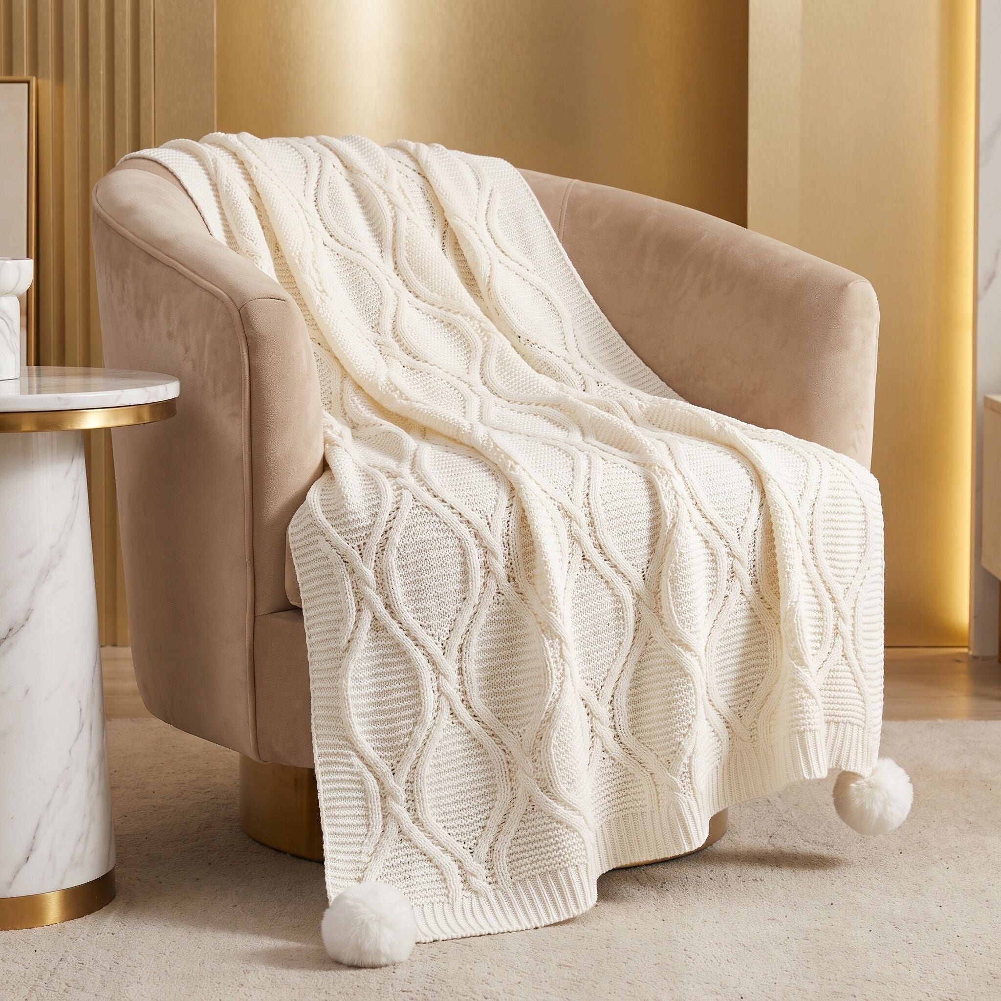 AAF Cable Knit Pom Pom Throw Pillow & Blanket