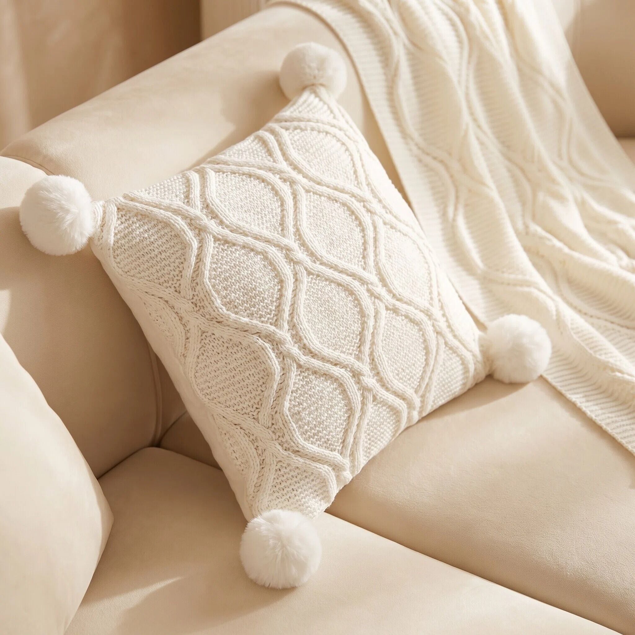 AAF Cable Knit Pom Pom Throw Pillow & Blanket