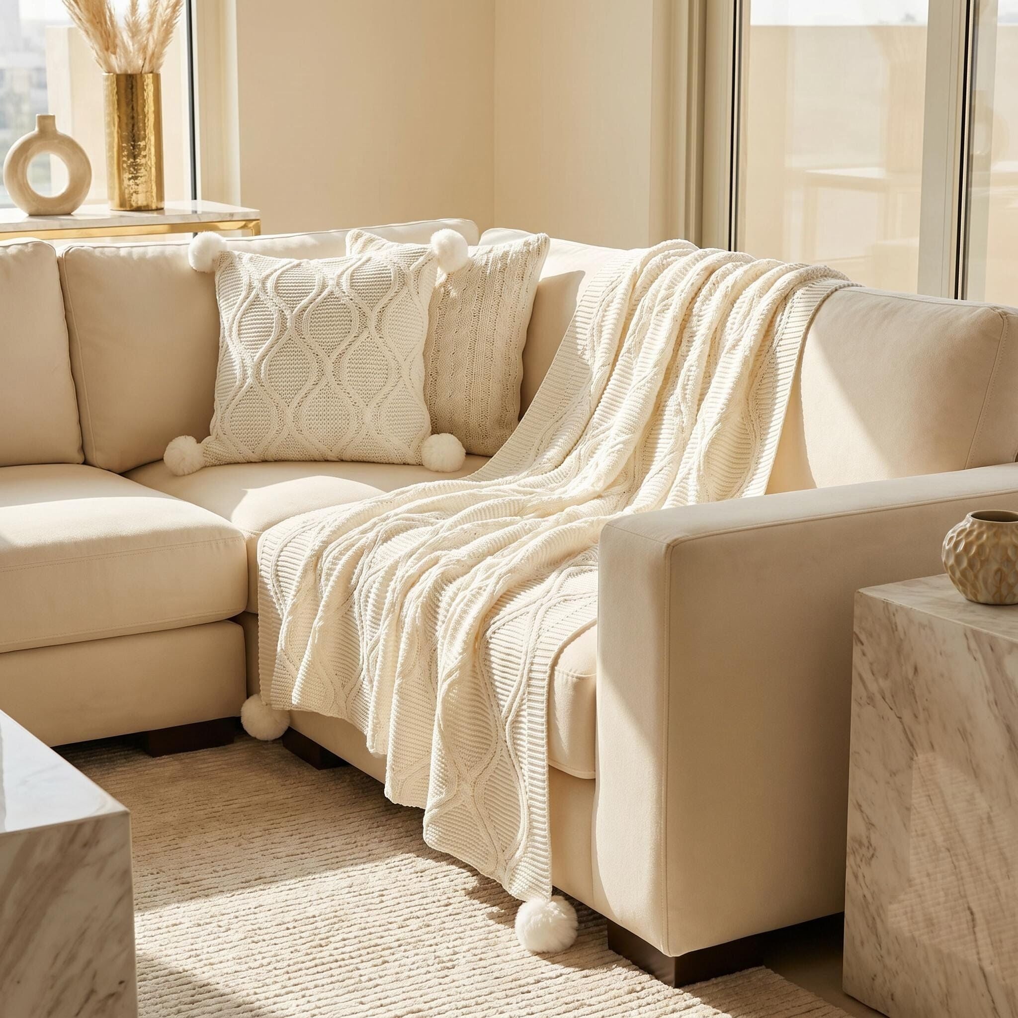 AAF Cable Knit Pom Pom Throw Pillow & Blanket