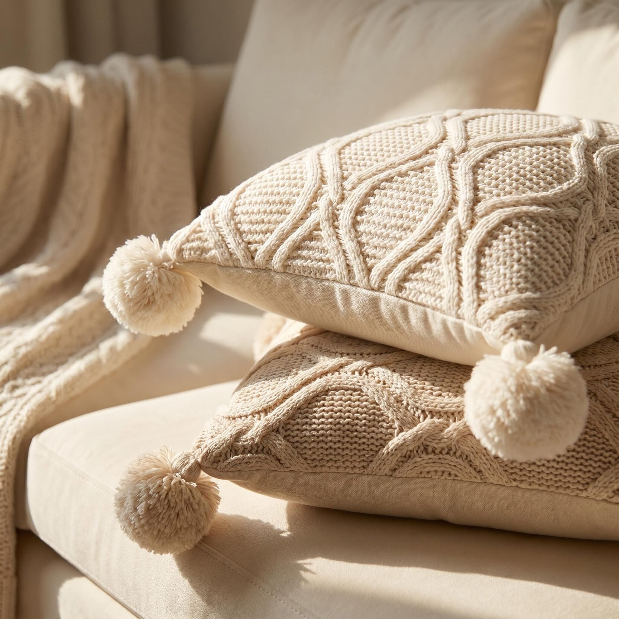 AAF Cable Knit Pom Pom Throw Pillow & Blanket