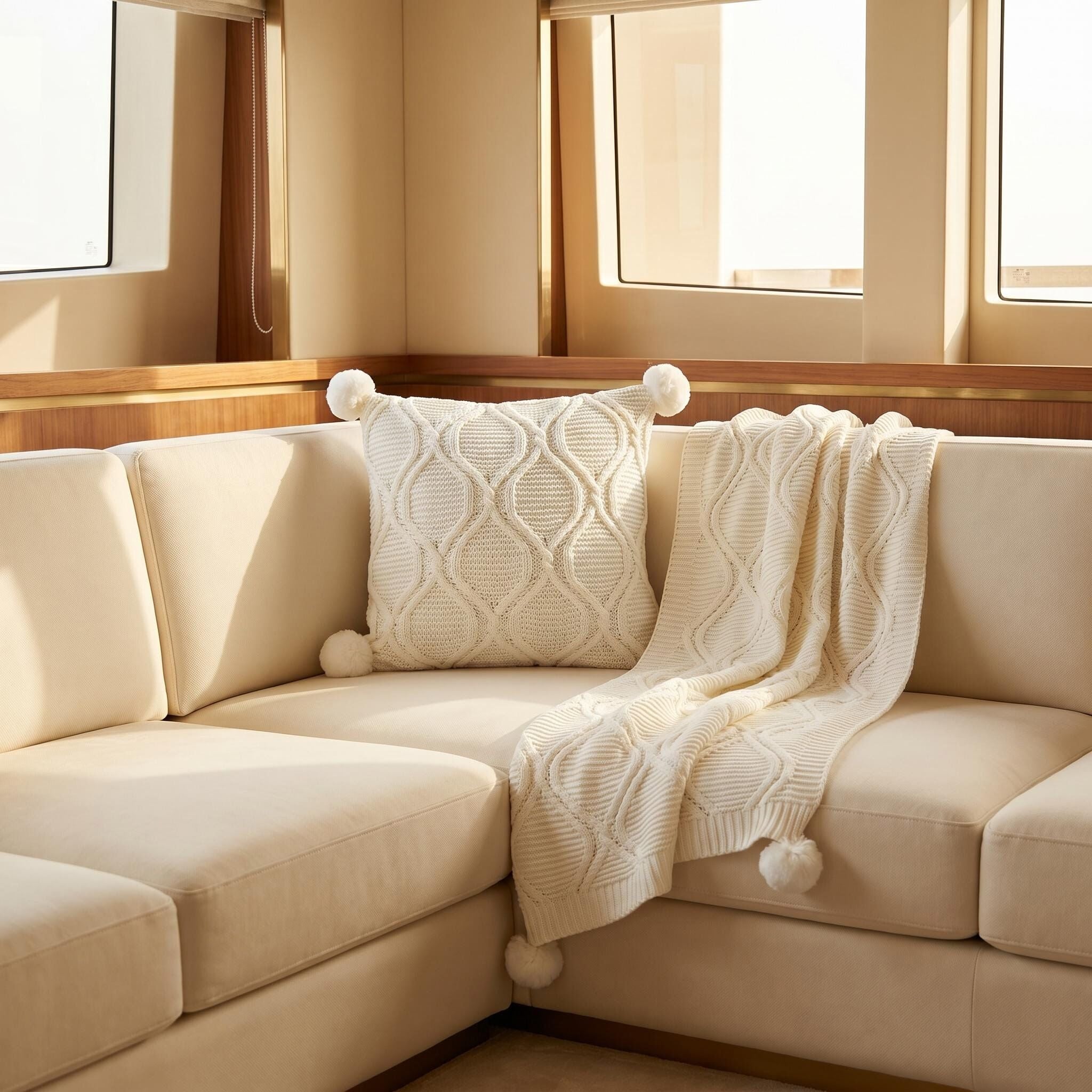 AAF Cable Knit Pom Pom Throw Pillow & Blanket