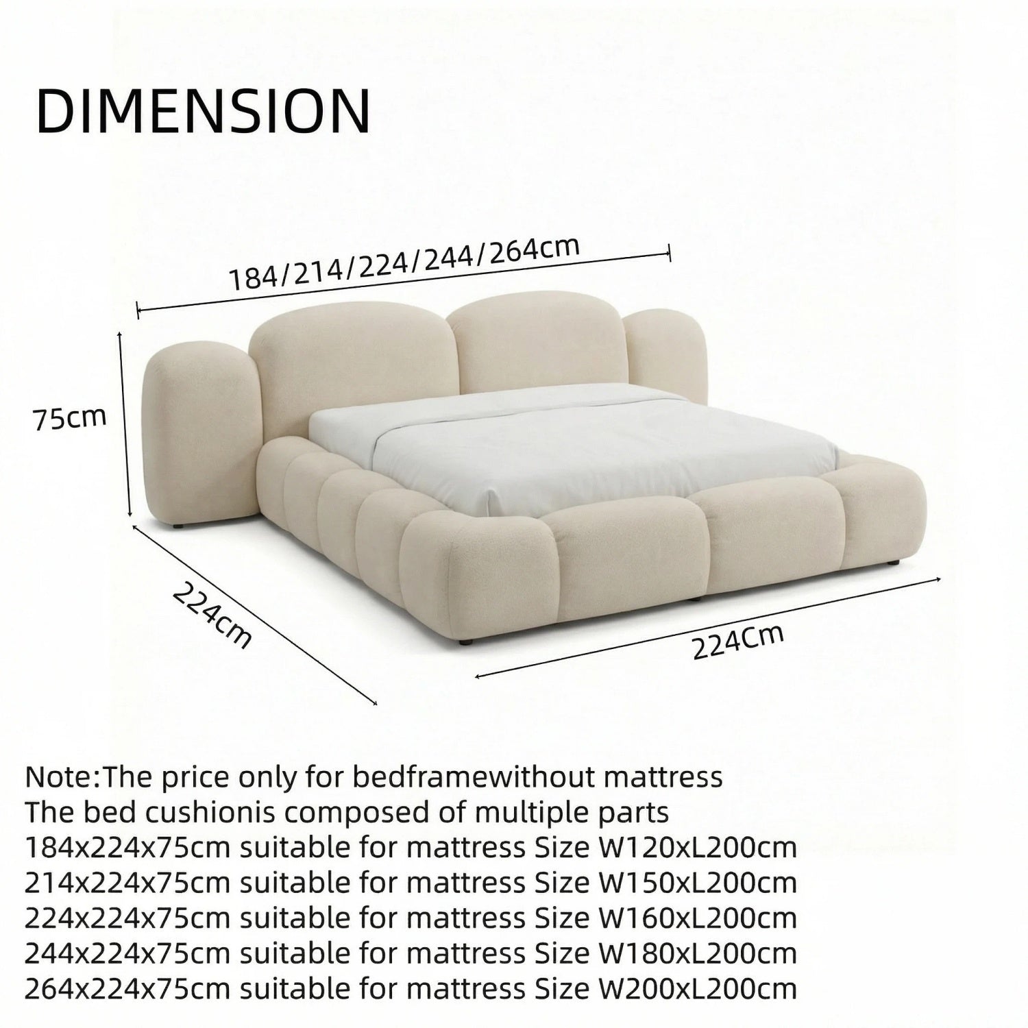 AAF Cream Fabric Upholstered Bed Frame Cloud Comfort - Padded Headboard UAE