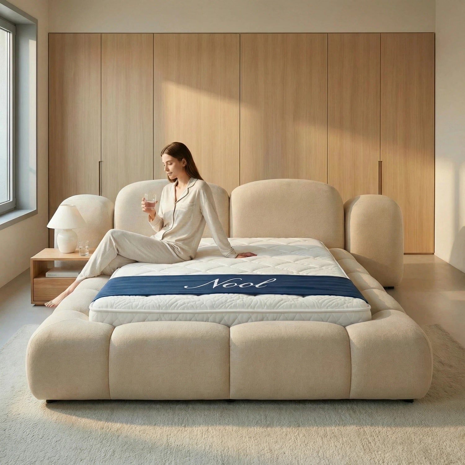 AAF Cream Fabric Upholstered Bed Frame Cloud Comfort - Padded Headboard UAE