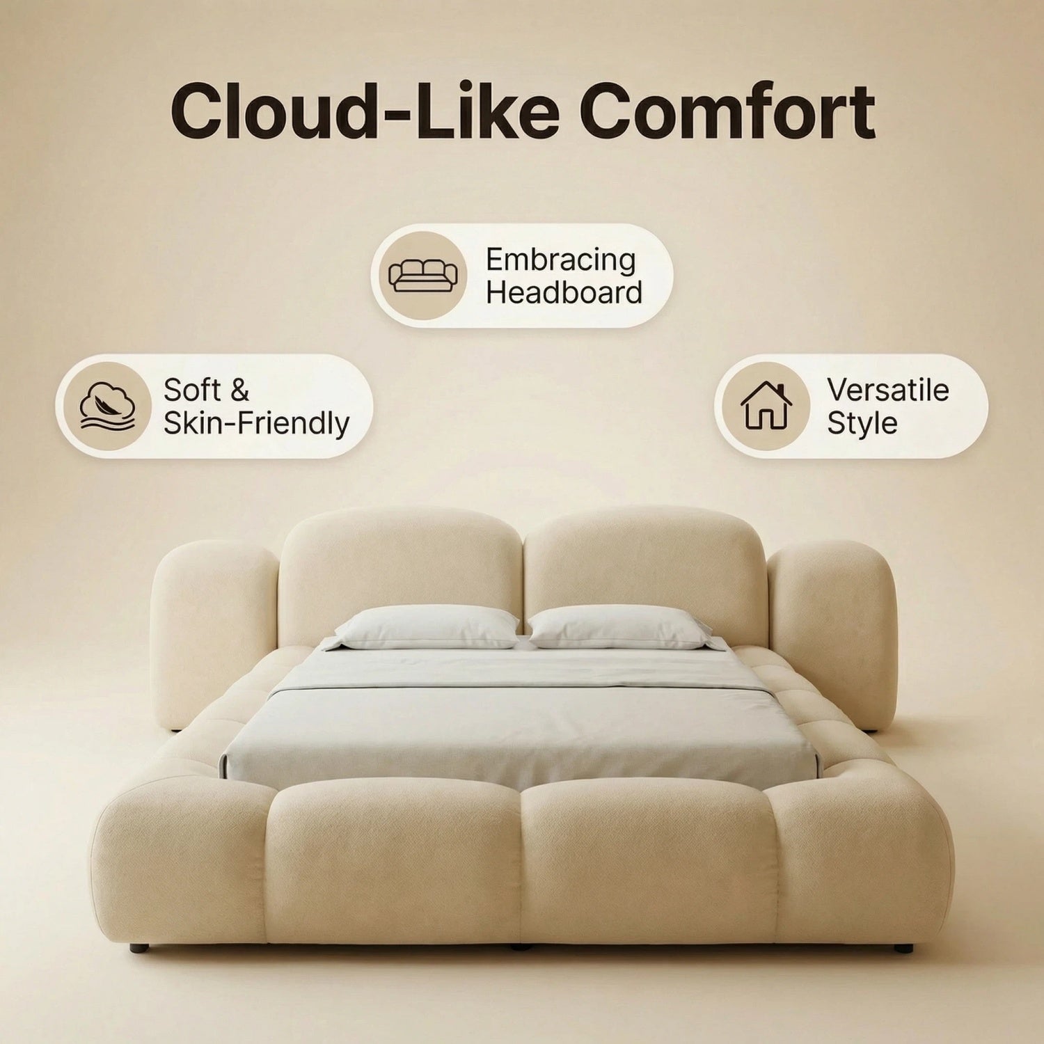 AAF Cream Fabric Upholstered Bed Frame Cloud Comfort - Padded Headboard UAE