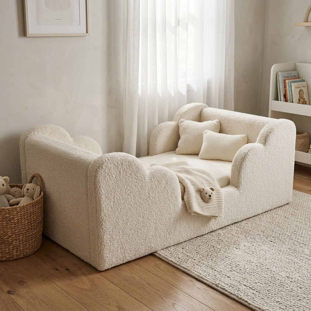 AAF Cream Teddy Fleece Enclosed Guardrail Kids Bed Frame