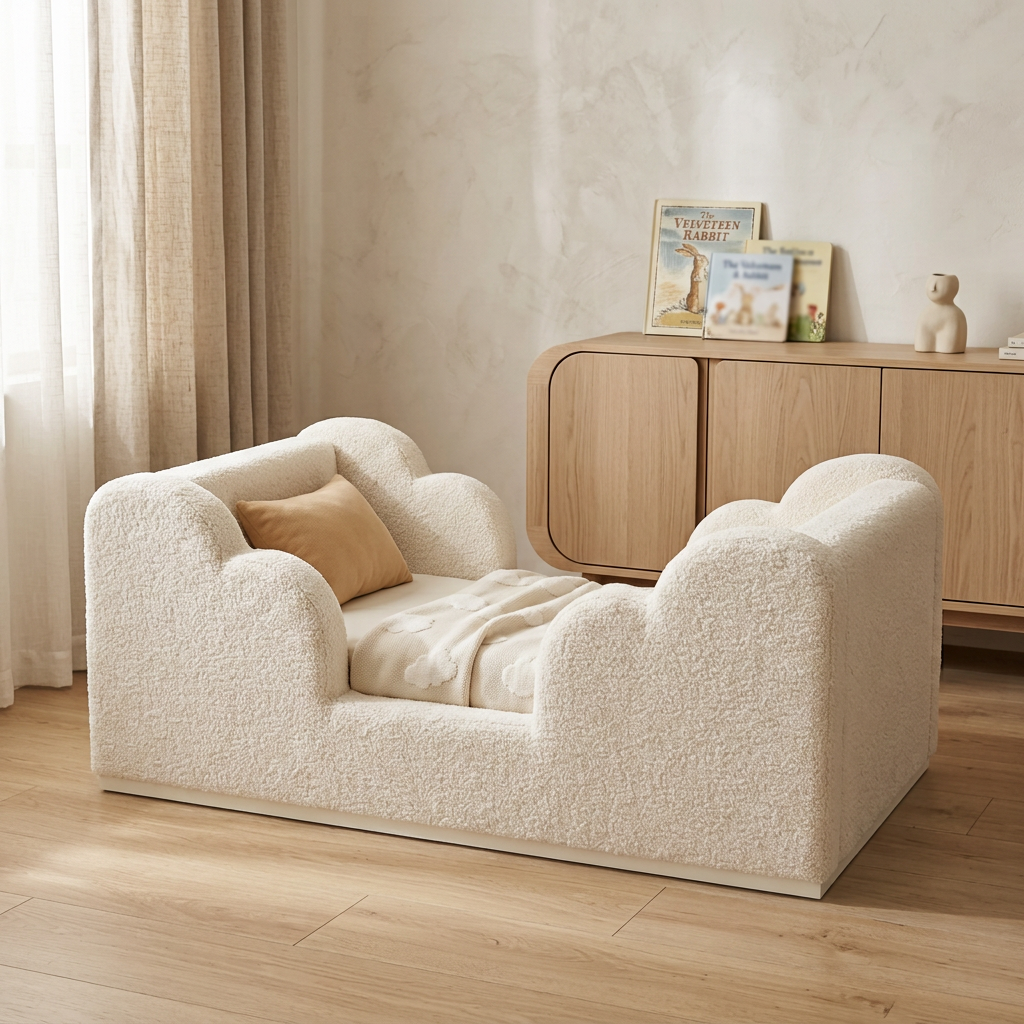 AAF Cream Teddy Fleece Enclosed Guardrail Kids Bed Frame