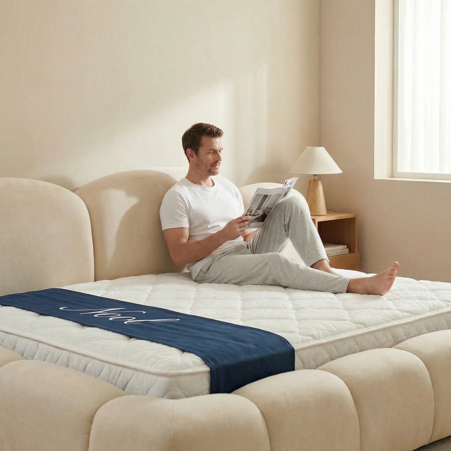 AAF Cream Fabric Upholstered Bed Frame Cloud Comfort - Padded Headboard UAE