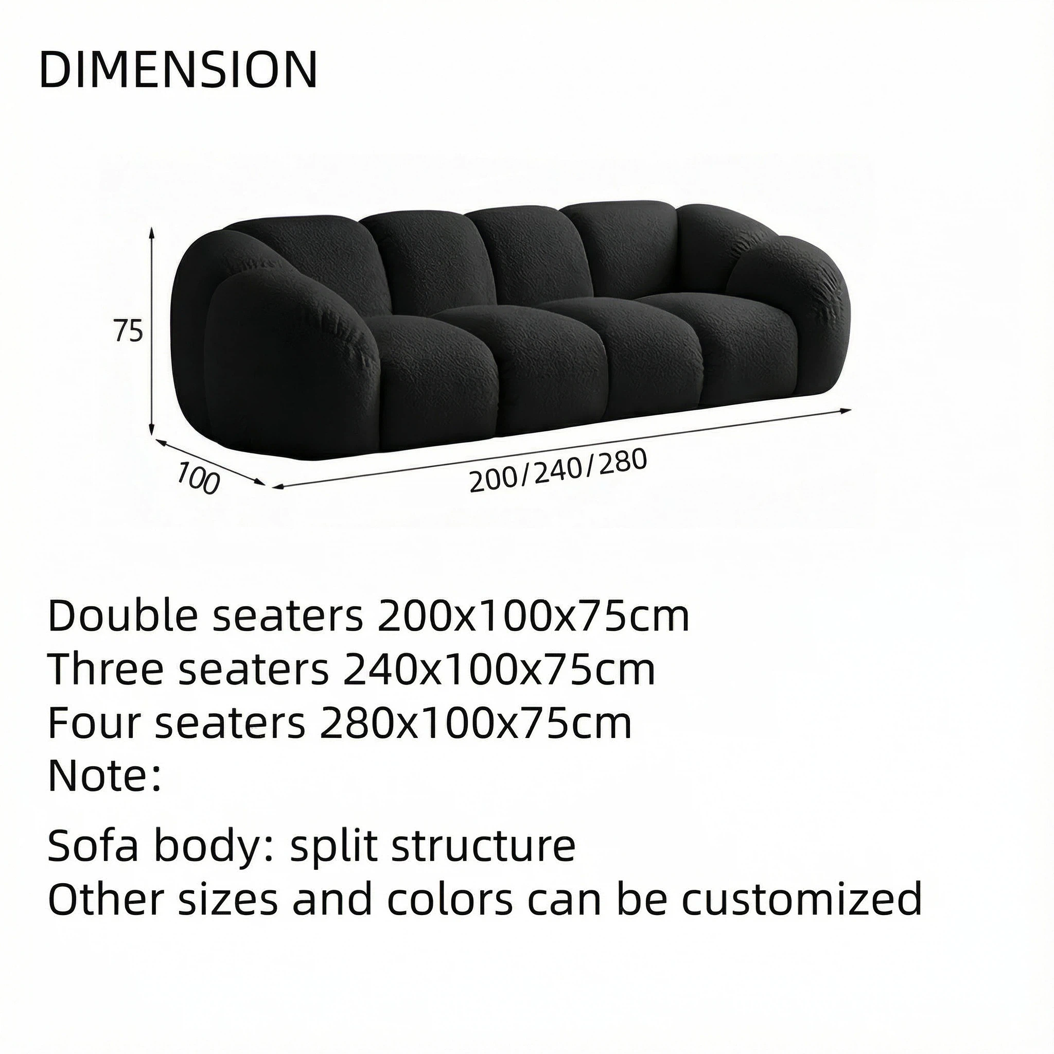 AAF Furniture Cloud Straight Sofa Set Black 2-4 Seats for Living Room