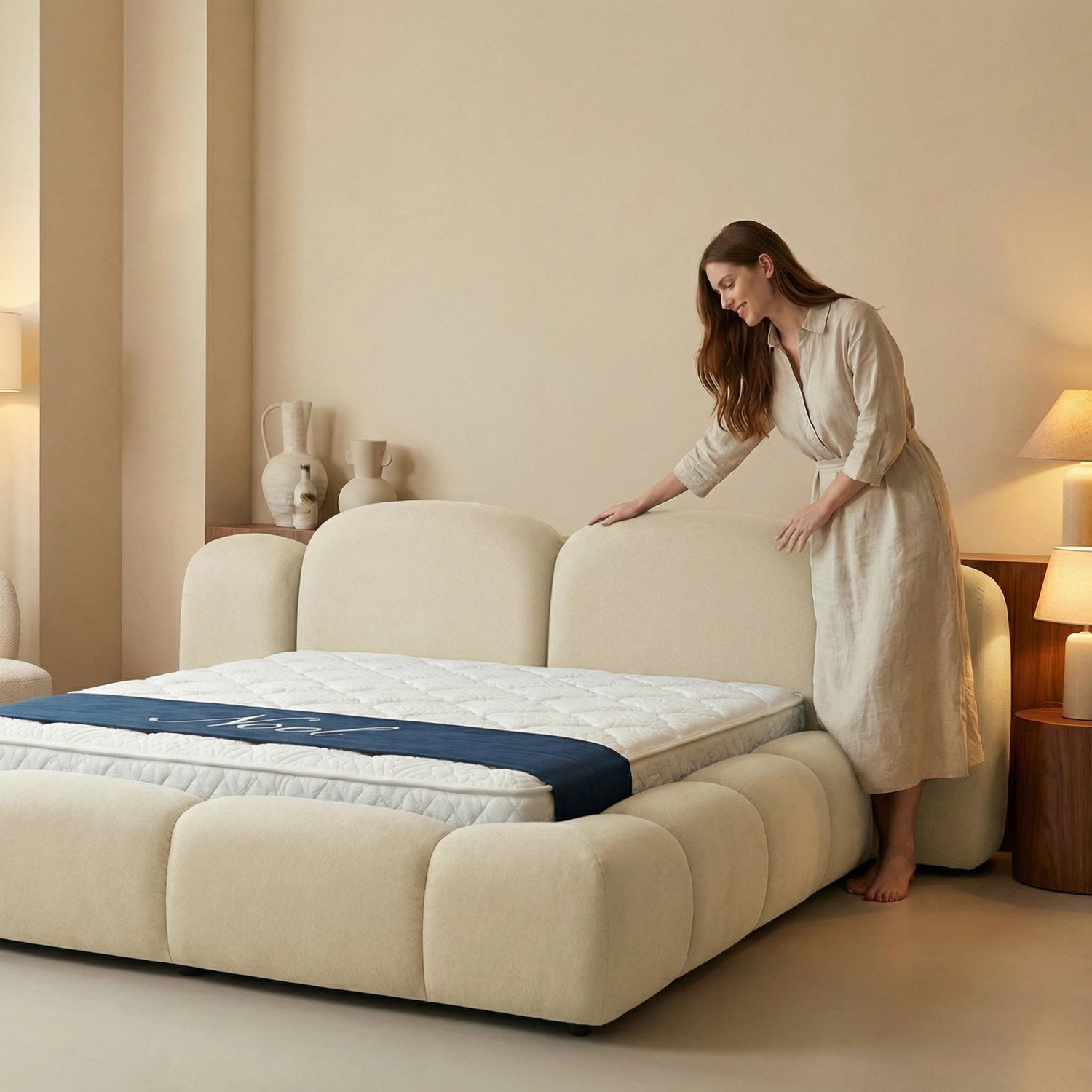 AAF Cream Fabric Upholstered Bed Frame Cloud Comfort - Padded Headboard UAE