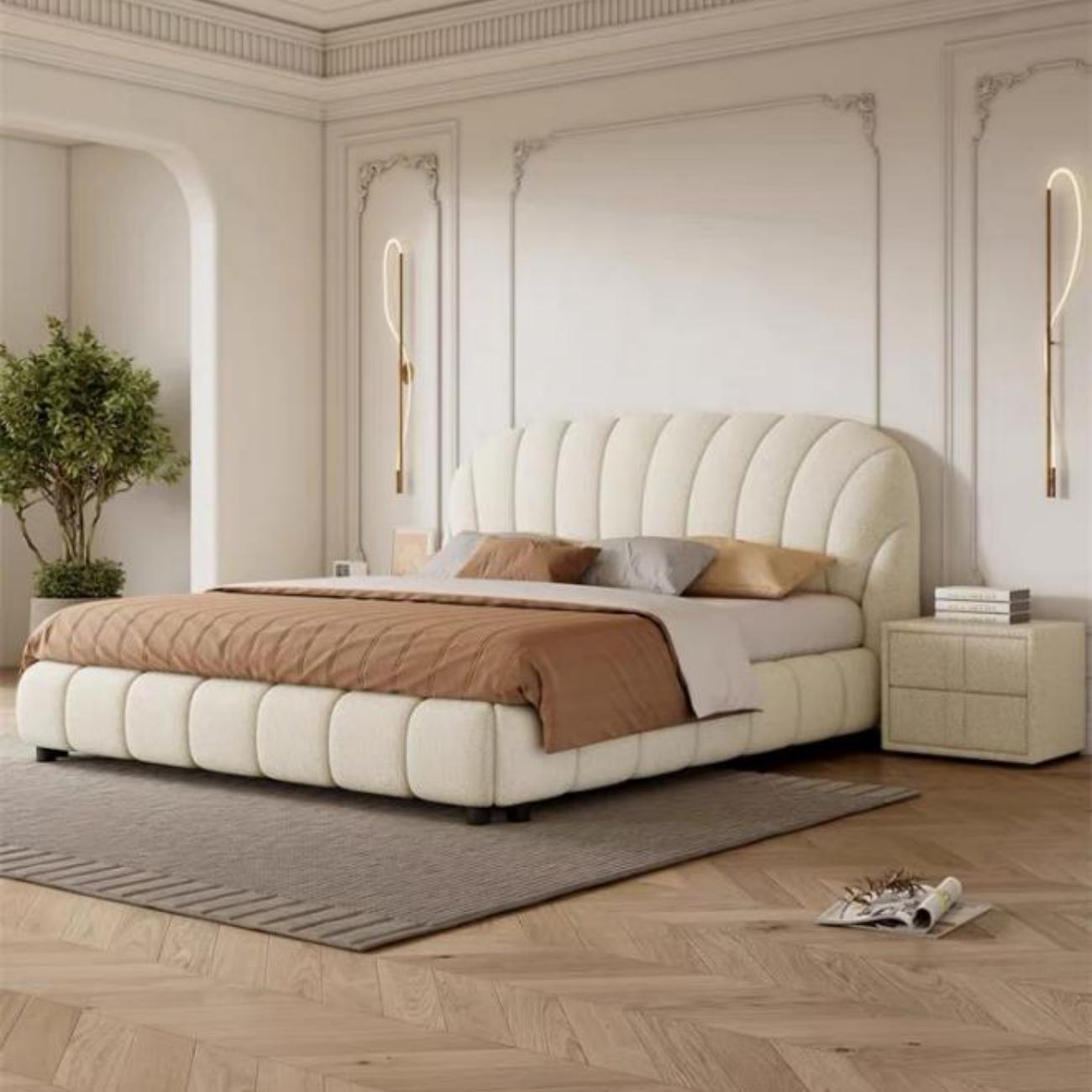 Load video: AAF Furniture Light Luxury Fleece Fabric Wrap Bed Frame for Bedroom Without Mattress
